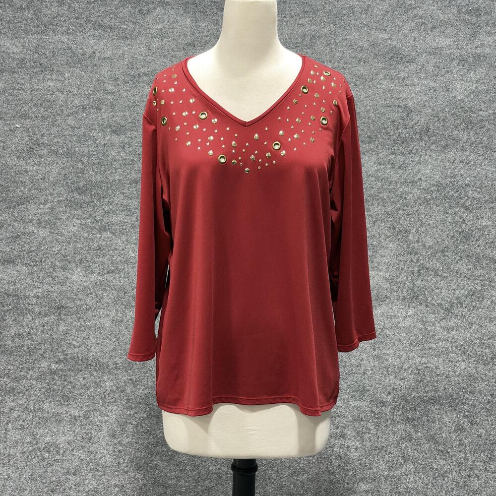Susan Graver Style Shirt Womens Large Red V Neck Embellished Studded USA